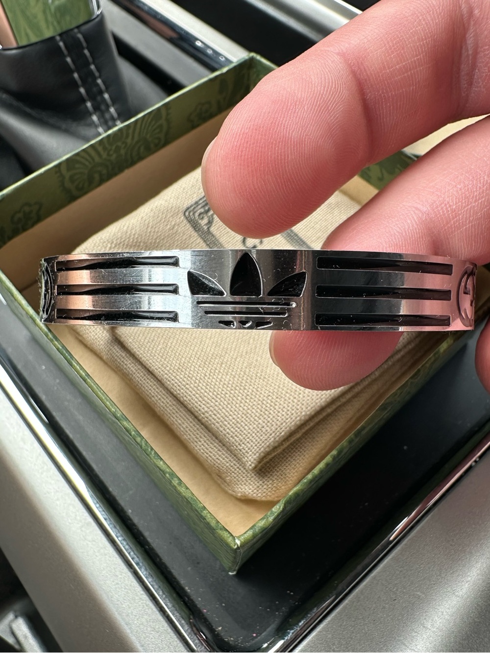 Gucci adidas Silver-Tone Trefoil Cutout Cuff Bracelet with Black Accents - Picture 2 of 5